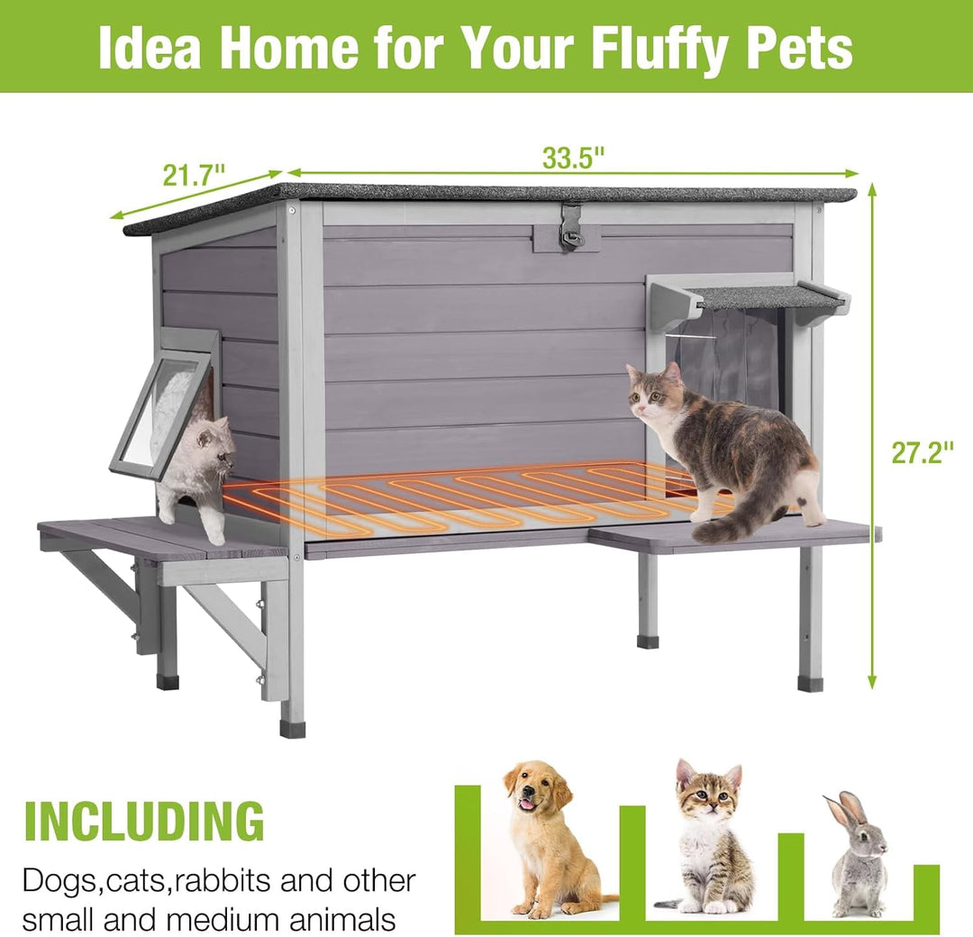 MEDEHOO Heated Cat House for Outside Insulated Outdoor Cat House Weatherproof Feral Cat Shelter with Cat Heated Pad, All-Round Thermal Liner, Secure Escape Doors for 1-3 Cats