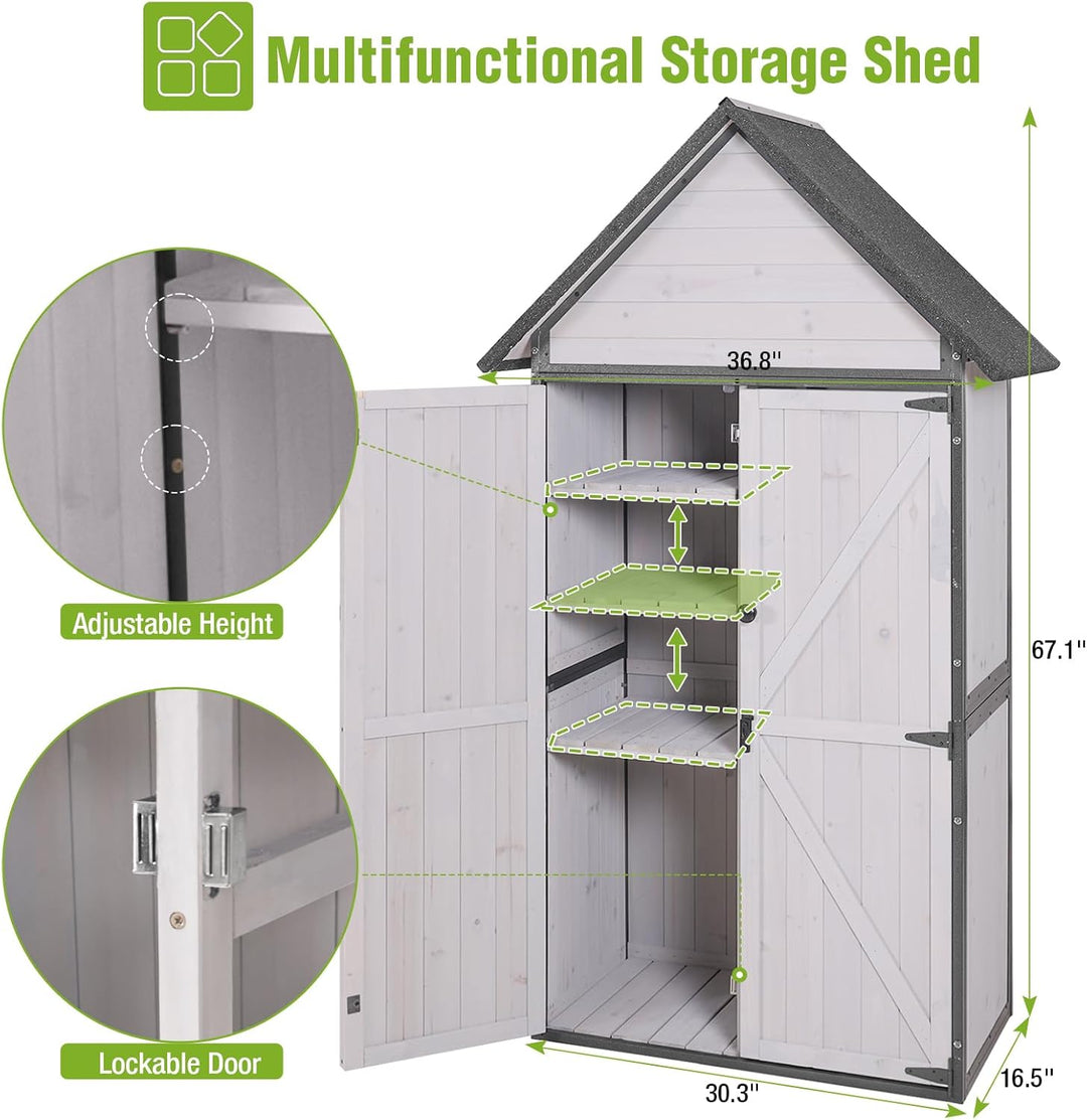 MEDEHOO Outdoor Storage Shed with All Around Strong Metal Frame, Garden Tool Sheds Cabinet with Floor &amp; Adjustable Shelves, Wooden Tool House for Backyard Garden Patio Lawn (White)