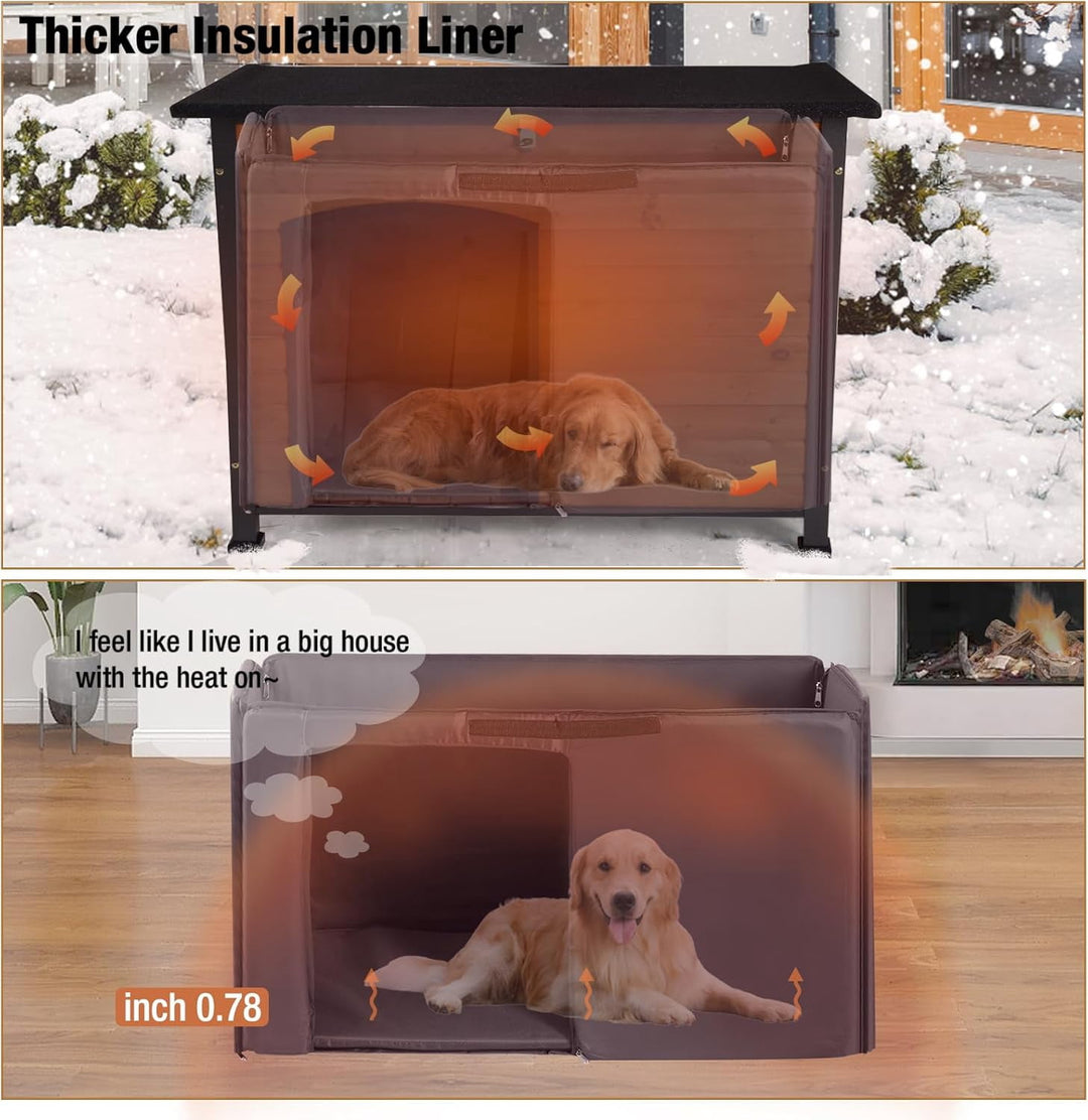 43.3" Large Wooden Dog House with Insulated Liner Outdoor Puppy Shelter Anti-Bite Iron Frame-Brown