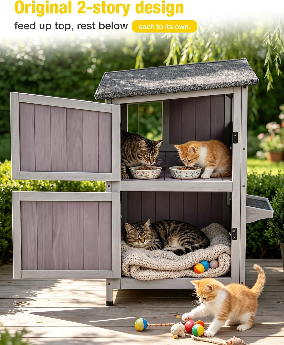 MEDEHOO 2-Story Outdoor Cat House, Weatherproof Feral Cat Shelter, Wooden Cat Cage for Outdoor and Indoor Cats Gray