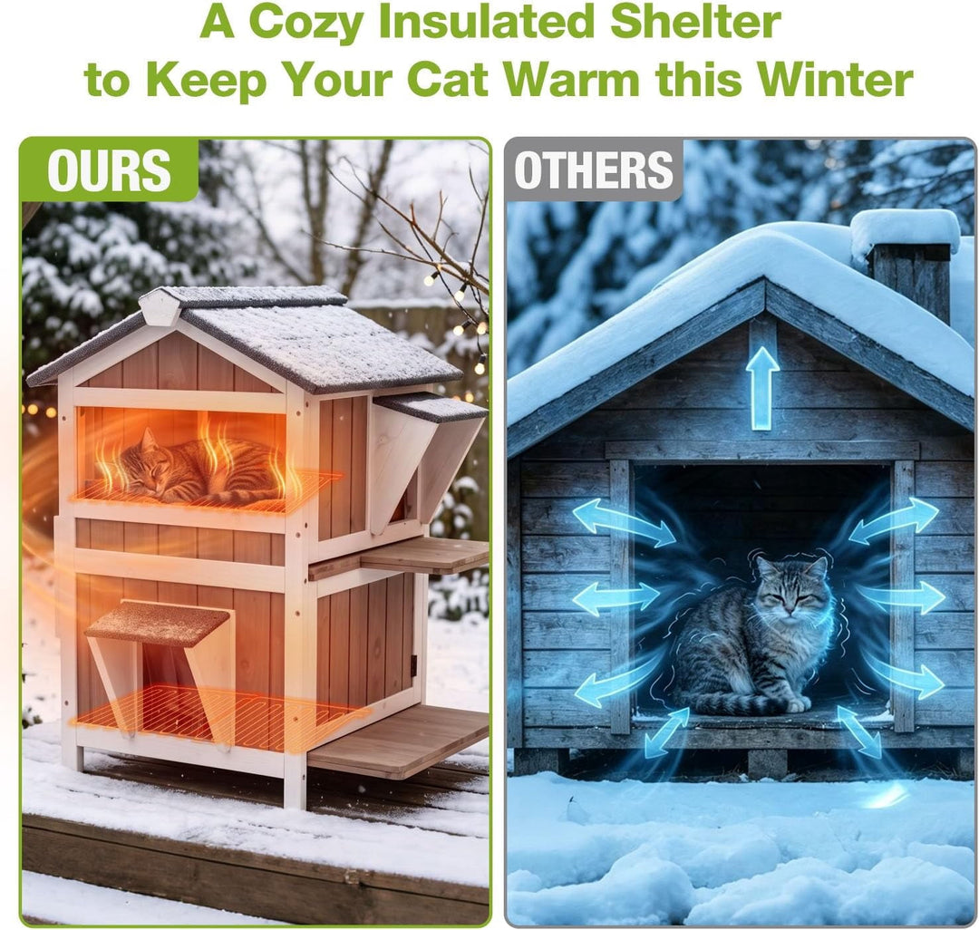 MEDEHOO Heated Outdoor Cat House for Outside, 2-Level Insulated Cat Shelter, Weatherproof Feral Cat House for Winter, White &amp; Brown