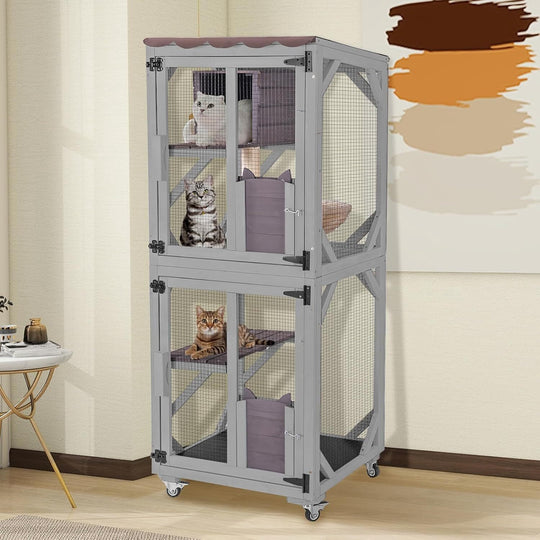 MEDEHOO Catio Outdoor Cat Enclosure - 62.5" Large Walk in Cat Cage on Wheels, Multi-Level Kitty House with Cat Scratching Post, PVC Layer, and Waterproof Roof Gray AIR22-M-MAD-WM