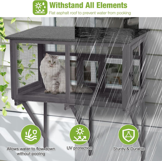 MEDEHOO Outdoor Cat Enclosure &amp; Window Perch - High Density Wire Mesh, PVC Back Door, Bug-Proof (39.4" L × 22.8" W × 43.4" H) AIR7016-N-WM