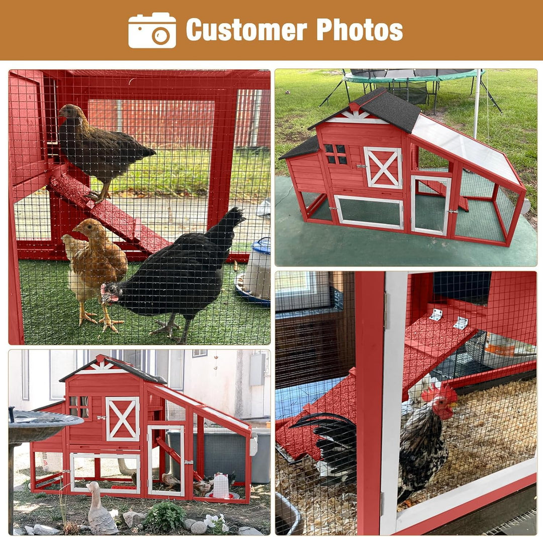 MEDEHOO 73.4" Large Chicken Coop with Wheels for Outdoor, Mobile Chicken House with Nest Box &amp; Removable Tray for 2-5 Chickens, Weatherproof Poultry Cage, Red SKY32-R-WM