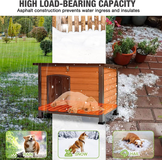 MEDEHOO 33.3’’ Heated Outdoor Dog House Weatherproof Insulated Dog Kennel with Metal Frame, Dog Shelter with Heating Pad, 6-Sided Insulated Liner and PVC Door Curtain for Winter (Brown)