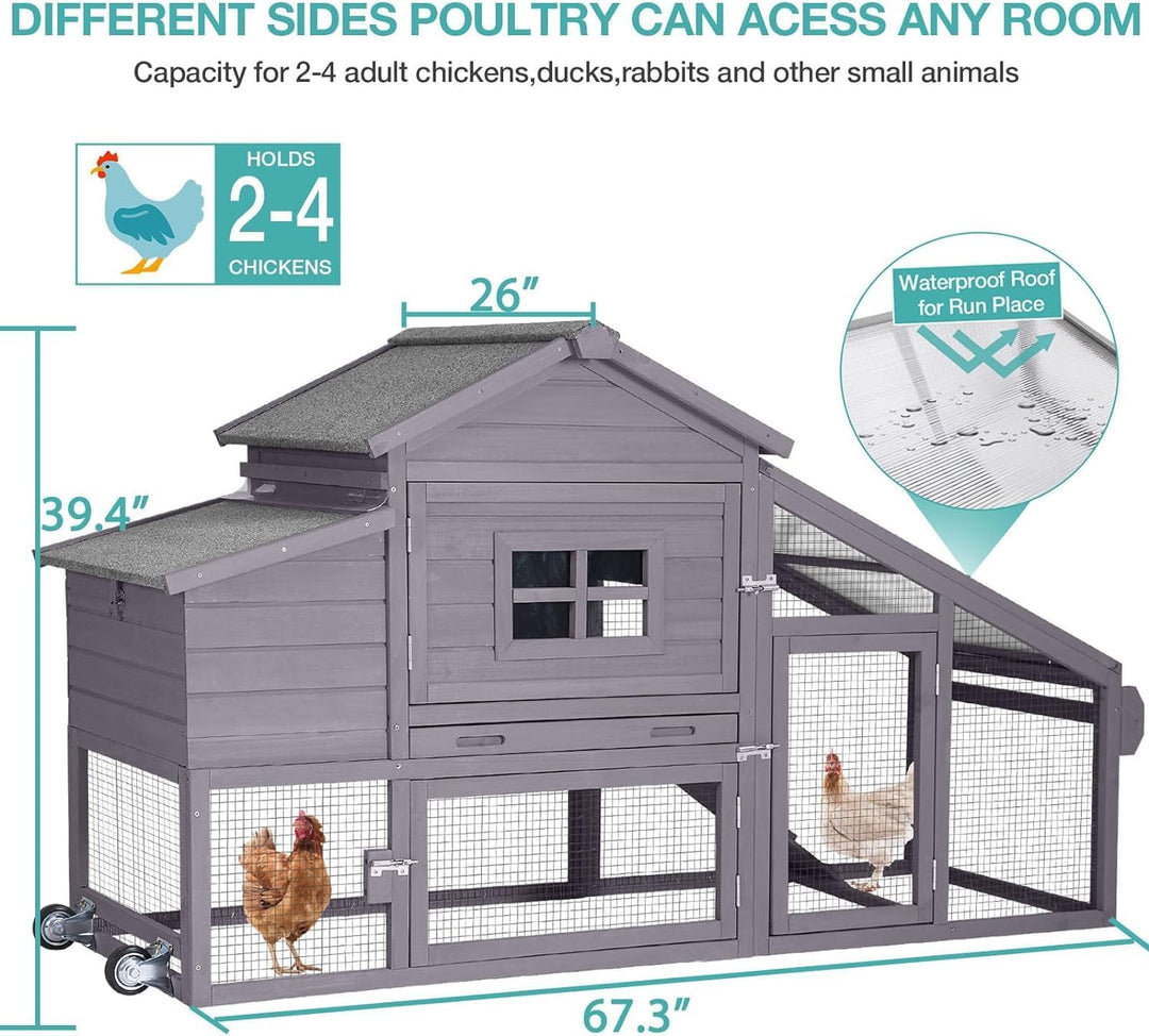 MEDEHOO Chicken Coop, Mobile Chicken House with with Wheels, Outdoor Hen House Poultry Cage with Nesting Box, Leakproof Pull Out Tray and UV-Resistant Roof (Grey) AIR23-D-A111-WM2