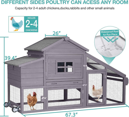 MEDEHOO Chicken Coop, Mobile Chicken House with with Wheels, Outdoor Hen House Poultry Cage with Nesting Box, Leakproof Pull Out Tray and UV-Resistant Roof (Grey) AIR23-D-A111-WM2