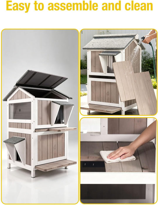 MEDEHOO Outdoor Heated Cat House Insulated Weathproof Two Story Feral Cat Shelter for Winter with Escape Door, Heated Pad, Insulated Liner Brown