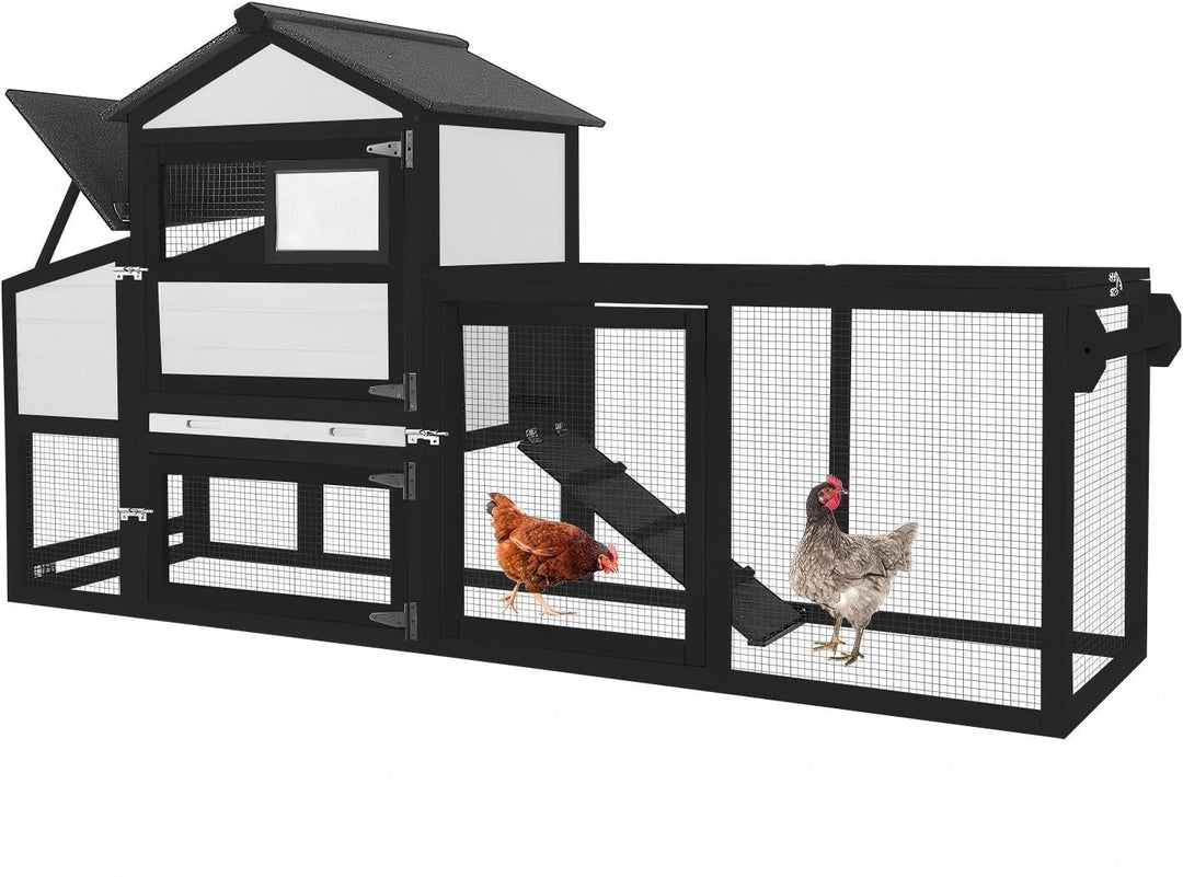 MEDEHOO 82.4" Chicken Coop with Wheels, Large Hen House with Run, Chicken Cage for 4-6 Chickens, Weatherproof Asphalt Roof, Nesting Box &amp; Pull-Out Tray (Black)