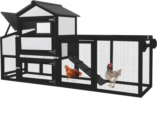 MEDEHOO 82.4" Chicken Coop with Wheels, Large Hen House with Run, Chicken Cage for 4-6 Chickens, Weatherproof Asphalt Roof, Nesting Box &amp; Pull-Out Tray (Black)