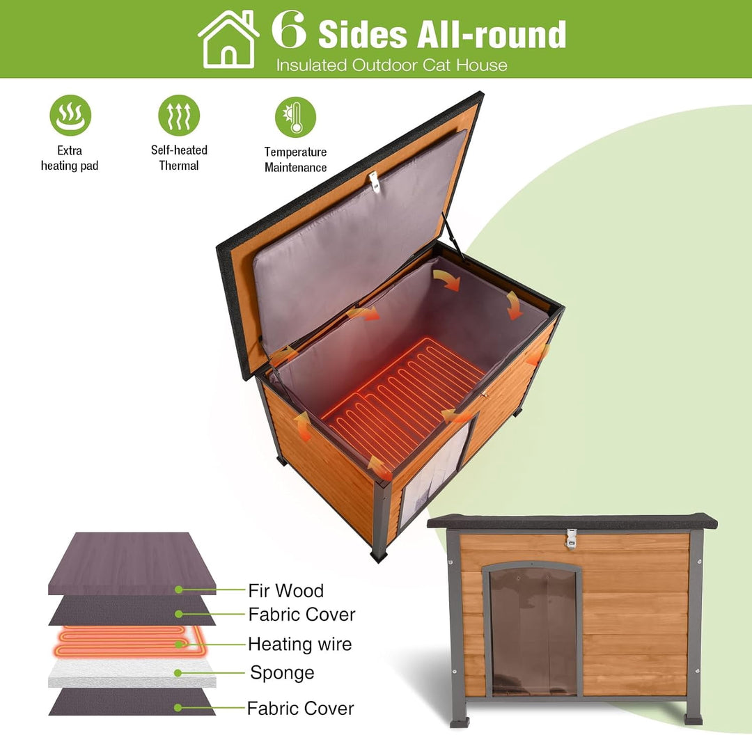 MEDEHOO Heated Outdoor Dog House with Insulated Liner for Medium Breeds Weatherproof Wooden Dog Kennel with Openable Asphalt Roof, Chew-Proof Metal Frame Brown