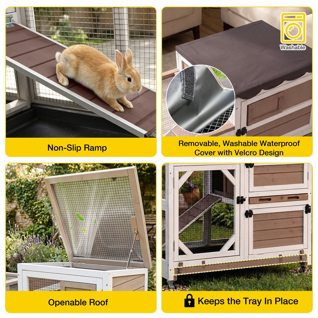 MEDEHOO Rabbit Cage Indoor Outdoor Bunny Hutch on Wheels, 2 Story Wood Guinea Pig Cages with 2 Deeper Pull Out Trays AIR7013-PD
