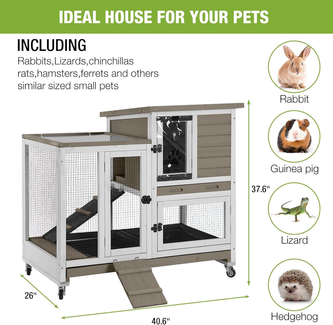 MEDEHOO Rabbit Hutch Rabbit Cage Pet Bunny House Cage with Casters Urine Baffles,4 Metal Wheels,2 Deeper Trays(Mocca Color) AIR36-00J