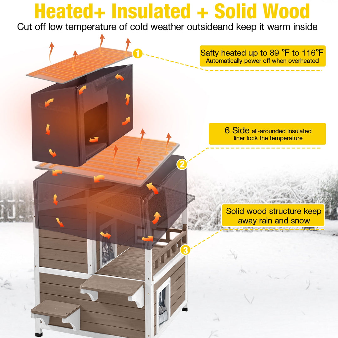 MEDEHOO Heated Outdoor Cat House for Outside Insulated Feral Cat Shelter Weatherproof with Heated and Insulated Liner 2 Story, Brown
