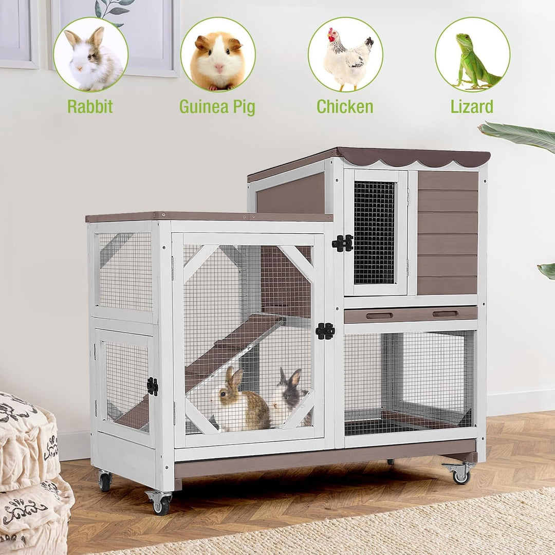 BUTINGLALE Rabbit Hutch Indoor Outdoor 2 Story Bunny House on Wheels Wood Rabbit Cage with 2 Pull Out Trays Guinea Pig Cage AIR7013-WM2
