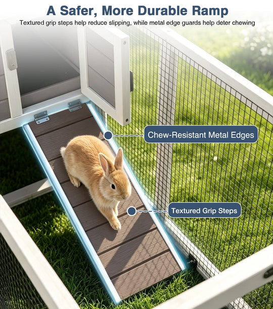 MEDEHOO 62"L Rabbit Cage Indoor Rabbit Hutch on Wheels with Chew-Proof Ramp and Pull Out Tray Bunny Hutch Guinea Pig Cage with Run Brown