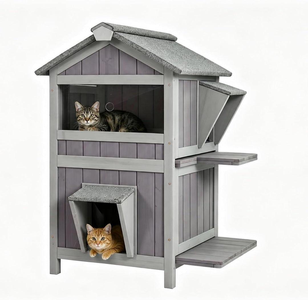 MEDEHOO 2-Story Outdoor Cat House, Insulated Weatherproof Feral Shelter with Openable Roof &amp; Acrylic Window