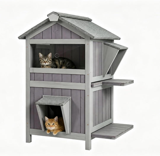MEDEHOO 2-Story Outdoor Cat House, Insulated Weatherproof Feral Shelter with Openable Roof &amp; Acrylic Window