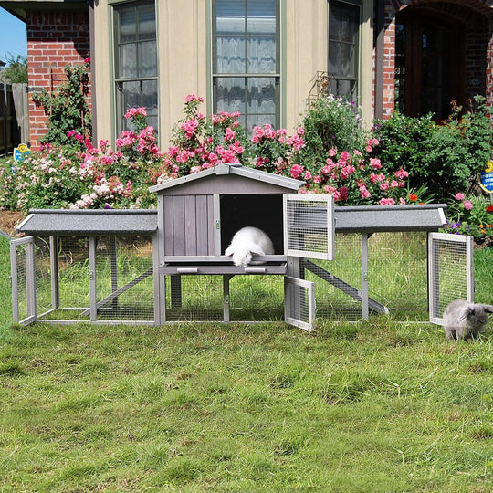 MEDEHOO Chicken Coop Outdoor with PVC Bottom Layer Indoor Rabbit Hutch Wooden Bunny Cage Large Rabbit House with Run