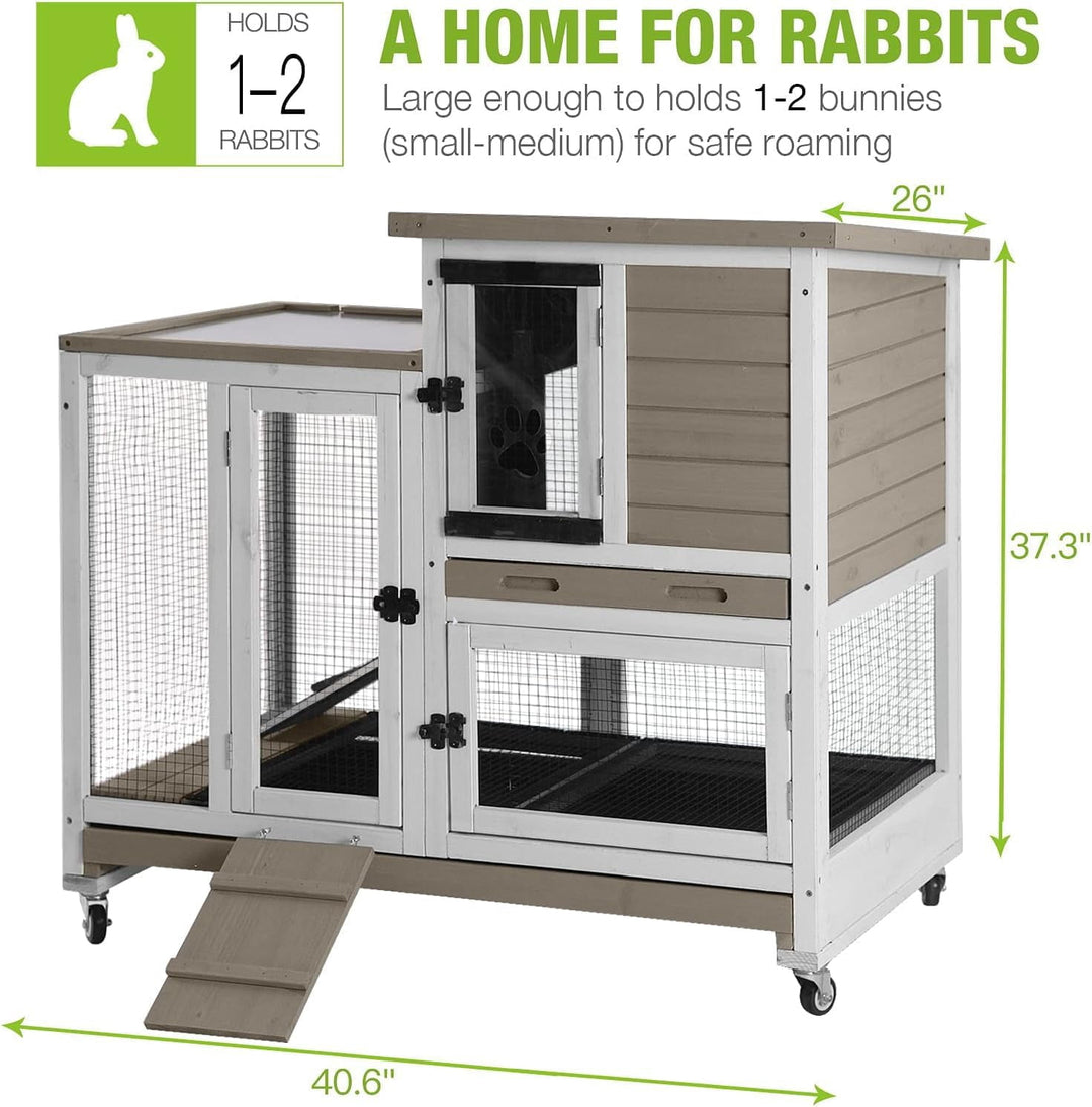MEDEHOO Large Rabbit Hutch with Removable Wire Netting, 2 Deep Trays, 4 Wheels, Sliding Door, and Extra Access Door - Mocca Color AIR36-BS-WM