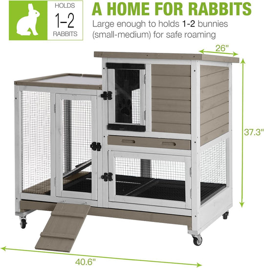 MEDEHOO Large Rabbit Hutch with Removable Wire Netting, 2 Deep Trays, 4 Wheels, Sliding Door, and Extra Access Door - Mocca Color AIR36-BS-WM