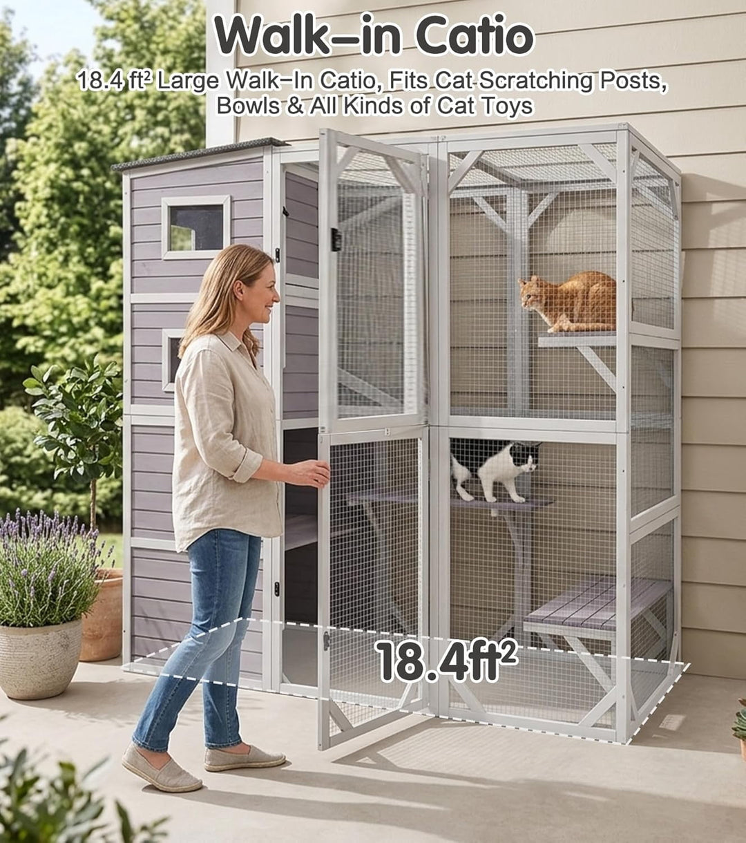 77" Large Catio Outdoor Cat Enclosure, 4 Tiers Cat House for Outdoor Indoor with Weatherproof Roof, 3 Resting Rooms, 3 Platforms, 5 Windows, Gray