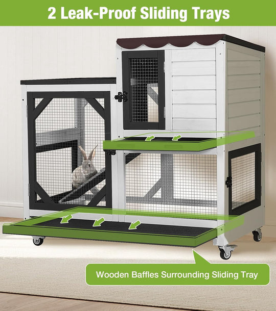 MEDEHOO Duplex Rabbit Hutch Indoor with Chew-Proof Frame &amp; 2 Leak-Proof Sliding Trays, Rain Cover, Wooden Guinea Pig Cages with Wheels - Black and White AIR7013-BW-2-AD-WM