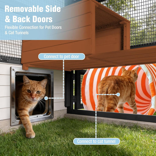 MEDEHOO Catio Outdoor Cat Enclosure 70" Large Window Catio Wooden Cat House Walk-in Cat Cage with 7 Platforms Waterproof Cover for 2-6 Cats (Black) AIR37-M-B-J-WM