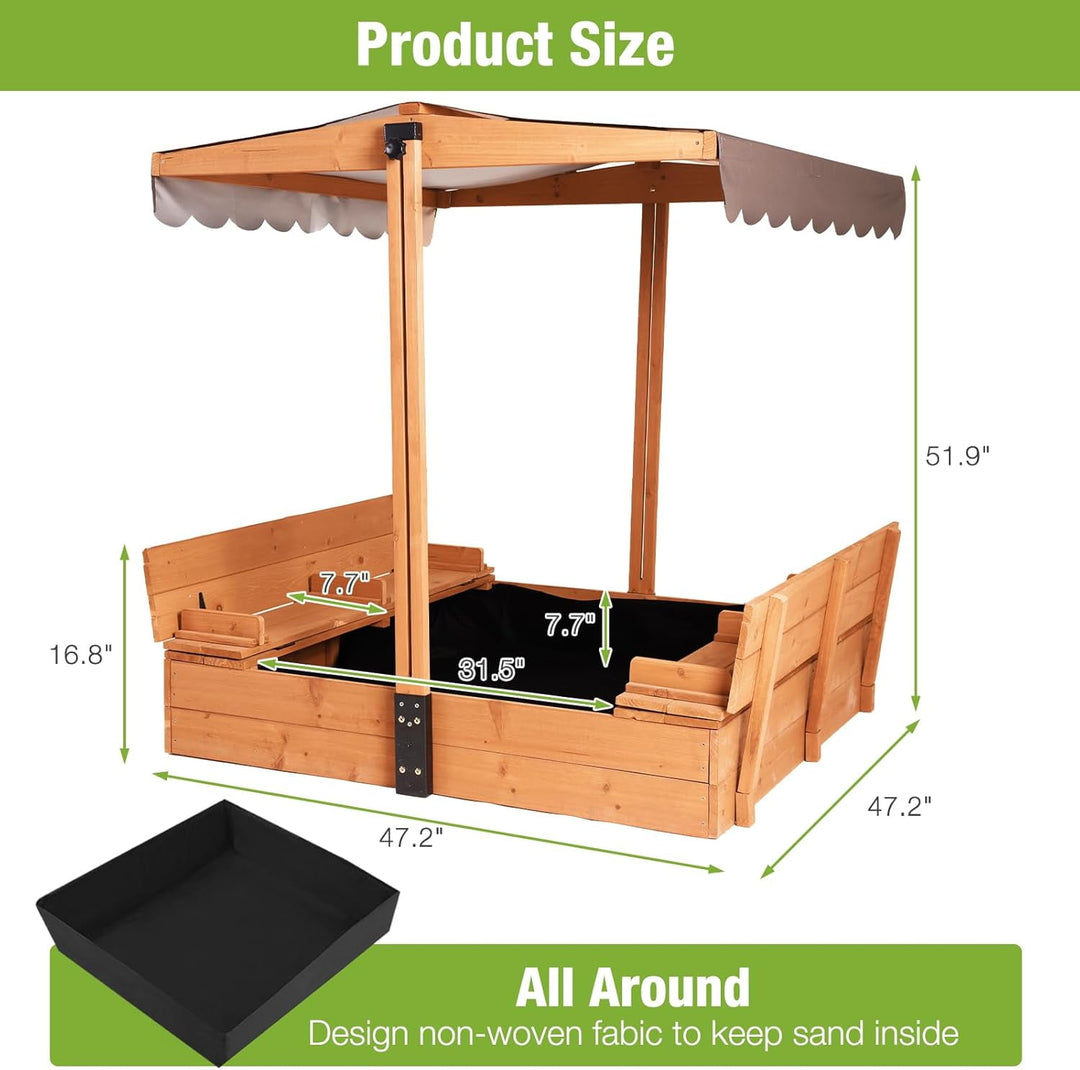 MEDEHOO Sandbox with Lid, Sand Boxes for Kids Outdoor, Sand Pit with 2 Foldable Bench Seats, UV Resistant &amp; Adjustable Height Roof, Gift for Kids Ages 4-8