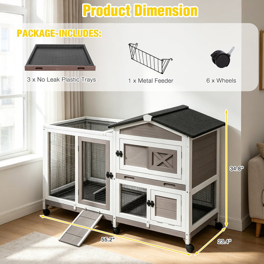 MEDEHOO Rabbit Hutch with Wheels for Outdoor &amp; Indoor, 2-Story Bunny Cage Guinea Pig House with Pull Out Tray for Rabbits, Gray