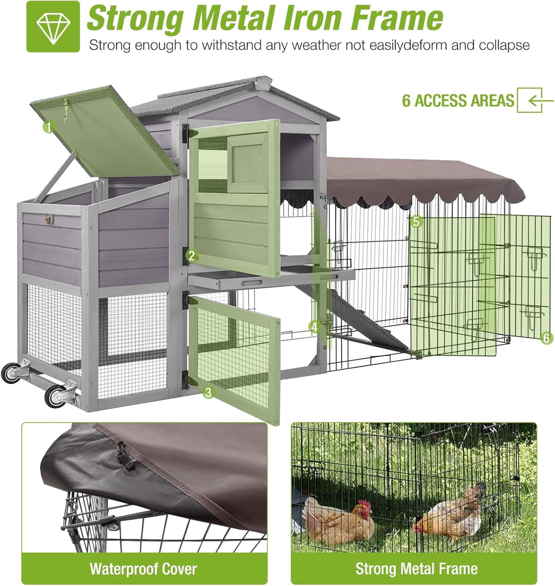 MEDEHOO Large Metal Chicken Coop Run with Mobile, 79.1in Poultry Cage with Waterproof&amp;Anti-UV Cover, Outdoor Chicken Pen for 4-6 Chickens, Ducks AIR7008-G-MA-WM