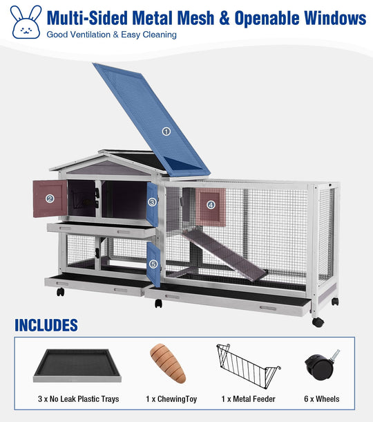 MEDEHOO Large Rabbit Hutch Indoor, Bunny Cage Outdoor with Chew-Proof Ramp, 2-Story Guinea Pig Cages with 6 Wheels, 3 Pull-Out Trays, Waterproof Asphalt Roof, 62" L - Gray