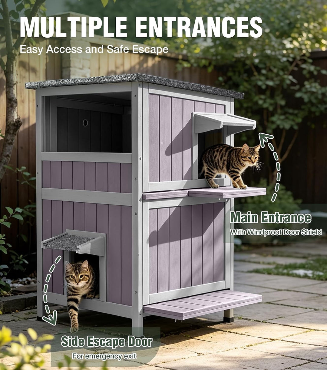 Avituvin Outdoor Cat House, 2-Level Feral Cat Shelter, Weatherproof Asphalt Roof, PVC Curtain, Jumping Platforms, Elevated Floor
