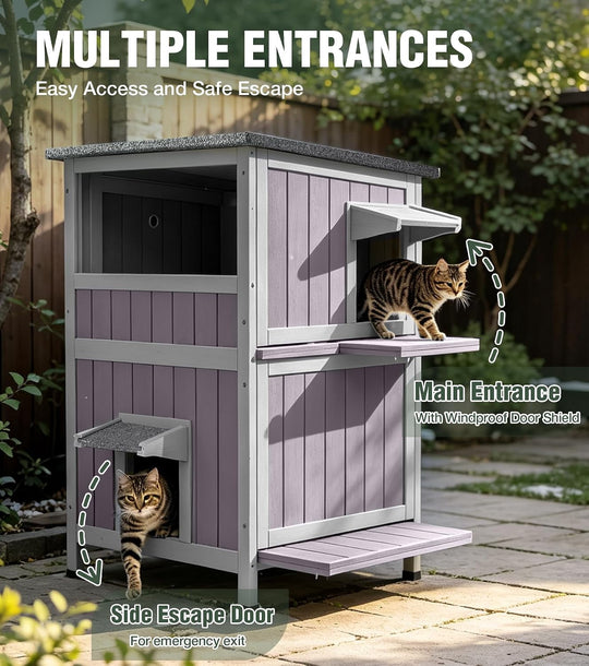 Avituvin Outdoor Cat House, 2-Level Feral Cat Shelter, Weatherproof Asphalt Roof, PVC Curtain, Jumping Platforms, Elevated Floor