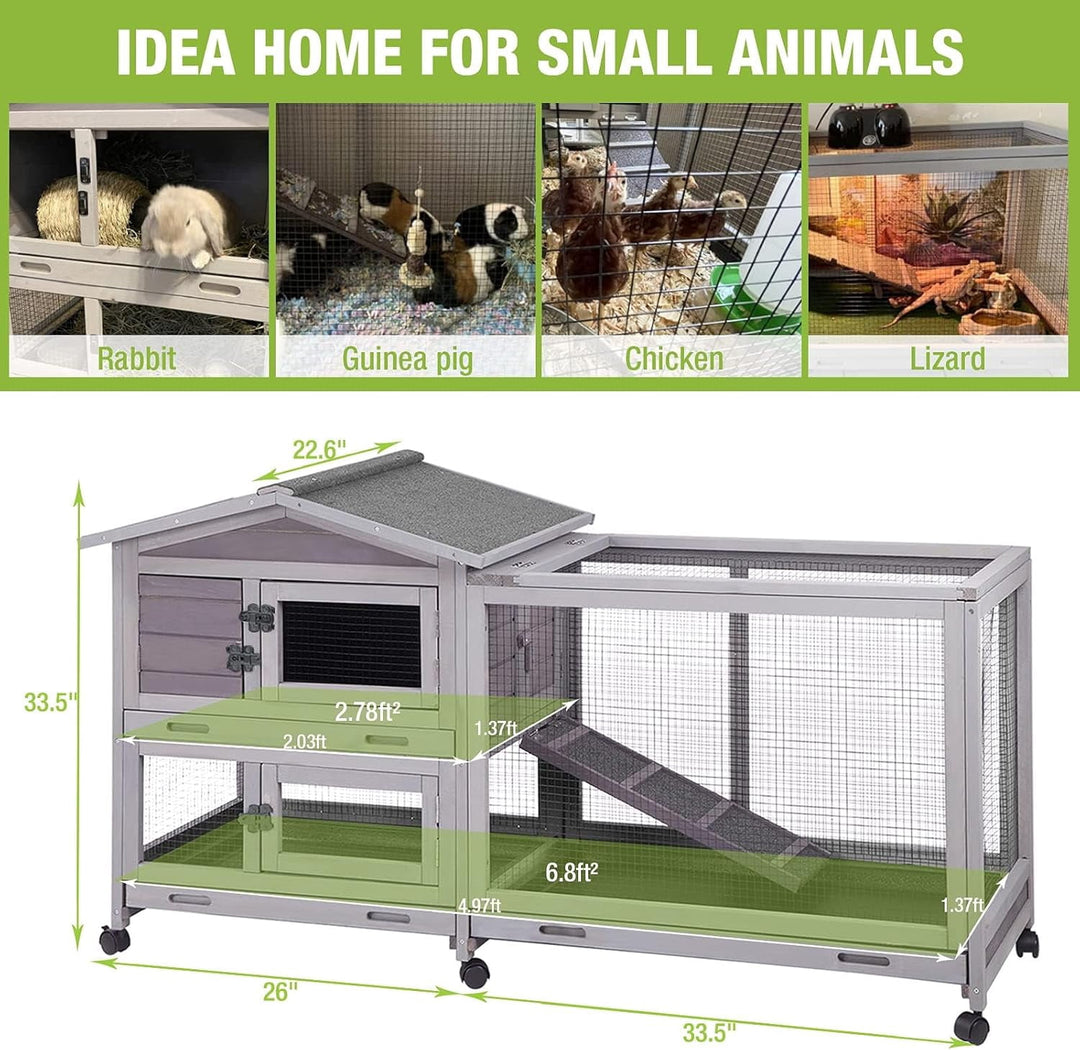 MEDEHOO Bunny Cage Indoor Outdoor Rabbit Hutch with Casters Waterproof Roof, Pull Out Tray from Back and Front, 61.2" L x 22.6" W x 33.5" H MEDE-AIR19-G-MA-WM