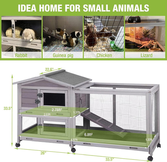 MEDEHOO Bunny Cage Indoor Outdoor Rabbit Hutch with Casters Waterproof Roof, Pull Out Tray from Back and Front, 61.2" L x 22.6" W x 33.5" H MEDE-AIR19-G-MA-WM