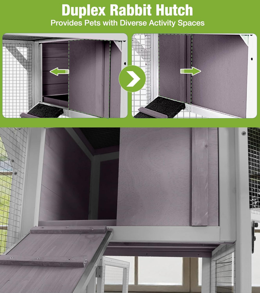 MEDEHOO Duplex Rabbit Hutch Indoor with Chew-Proof Frame &amp; 2 Leak-Proof Sliding Trays, Rain Cover, Wooden Guinea Pig Cages with Wheels - Grey AIR7013-G-2-AD-WM