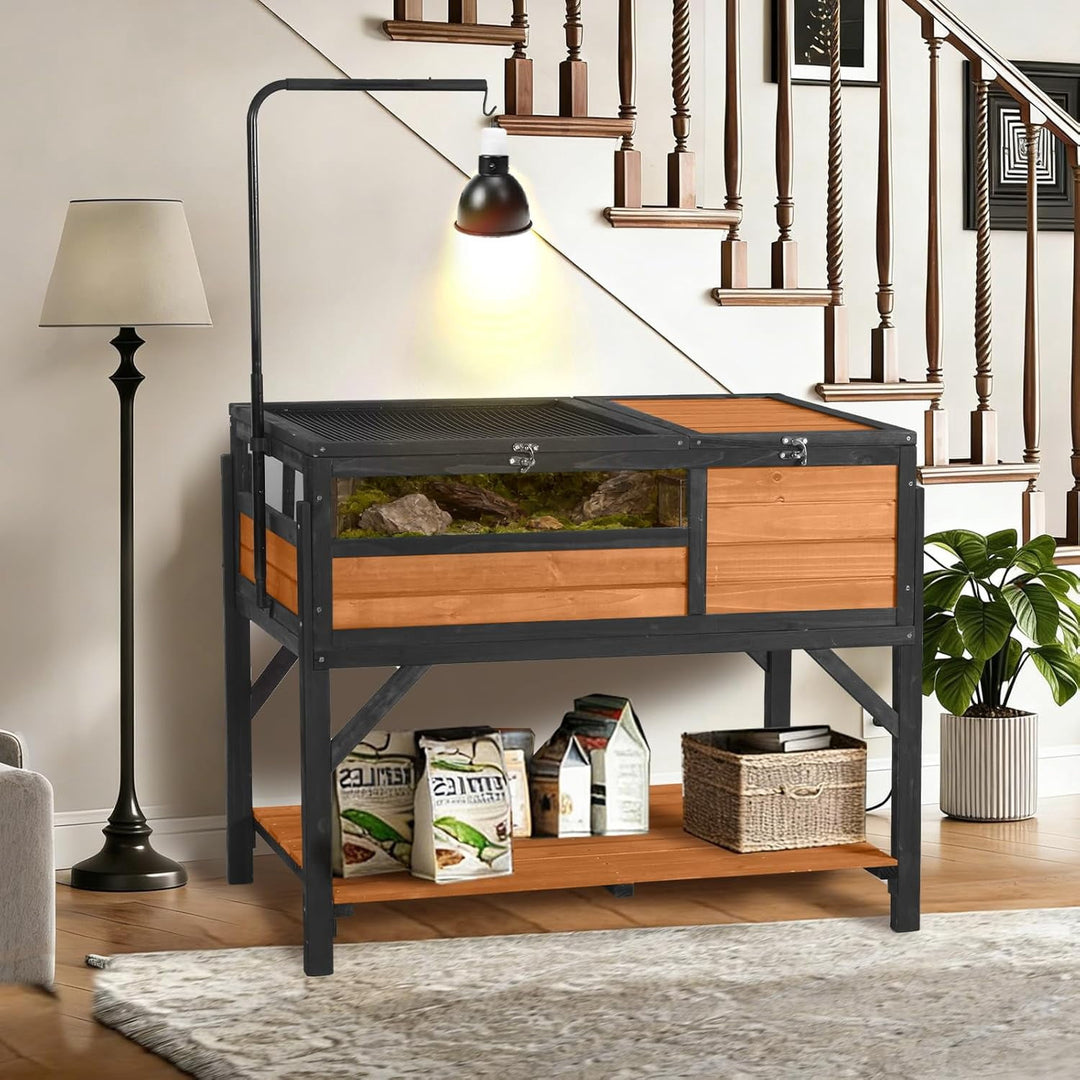 MEDEHOO Tortoise Habitat Turtle Enclosure, Wooden Tortoise House Reptile Cage for Small Animals, Reptile Tank with Large Storage Shelf AIR70B-WM