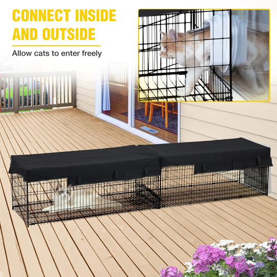 MEDEHOO Cat Tunnel with Extendable Design 90.6" L, Metal Wire Outdoor Cat Enclosure with Weatherproof Fabric Cover, Connecting Inside and Outside, for Deck Patios, Balconies