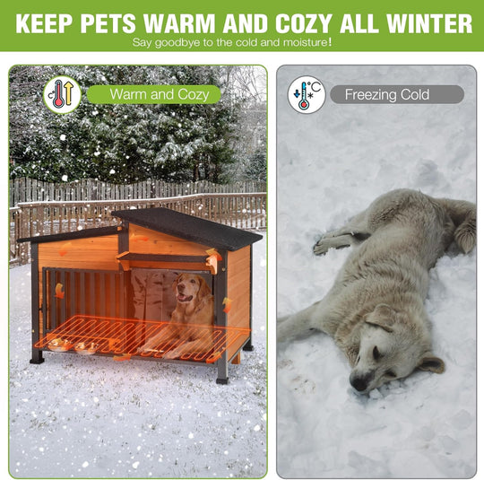 MEDEHOO Large Heated Dog House Outdoor Insulated Dog Kennel Weatherproof with Safe Heating Pad, Chew-Proof Metal Frame, Rotatable Spill-Proof Bowl for Large Dog Breeds, 39.7" L x 25.5" W x32.2 H
