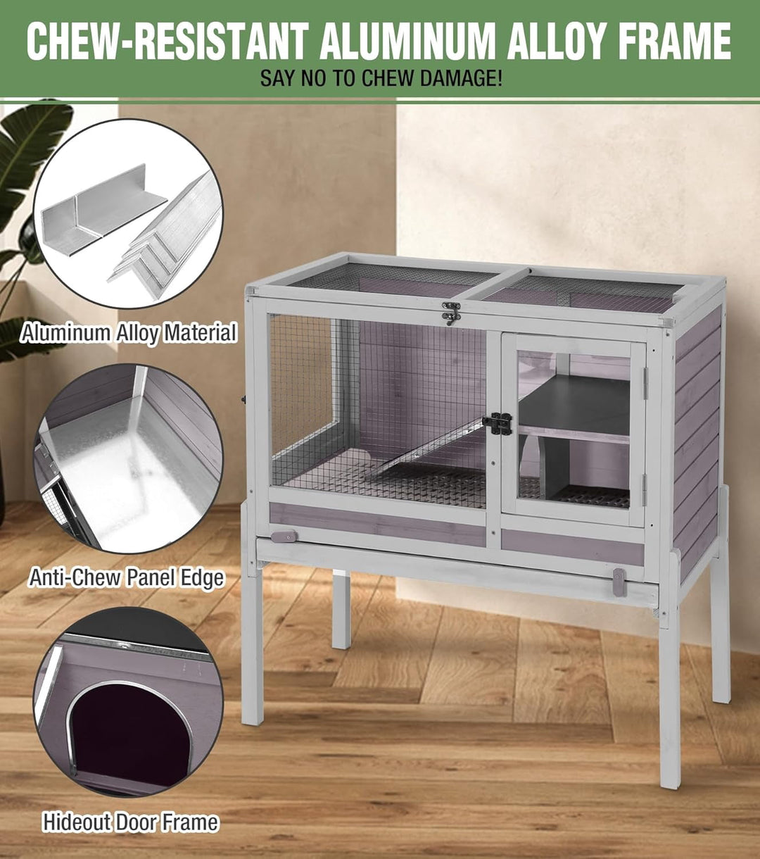 MEDEHOO Guinea Pig Cage Indoor Rabbit Hutch with Chew-Proof Edges - Grey