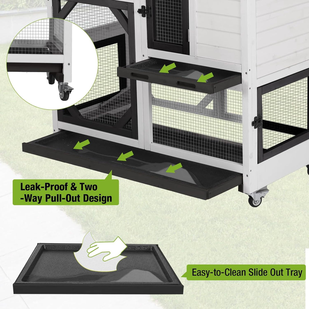 2-Story Rabbit Hutch Bunny Cage with Leak-Proof Trays &amp; Chew-Proof Ramp - Indoor/Outdoor 39.3" Wooden Rabbit Cage with Wheels (Black)
