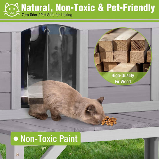 MEDEHOO Outdoor Cat House Weatherproof with 3 Entry Doors, Elevated Base &amp; PVC Curtain, Indoor/Outdoor Kitty Shelter for Small-Medium Pets