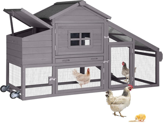 MEDEHOO Chicken Coop on Wheels, Mobile Chicken House, Wooden Hen Houses, Outdoor Rabbit Hutch, for 2-4 Chickens 67" (Gray) AIR23-km-gray