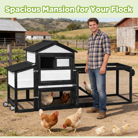 MEDEHOO Mobile Chicken Coop with Wheels for 2-4 Chickens, Expandable Wooden Hen House with Divided Nesting Box, Reinforced Coop Balcony, Roosting Perch, Metal Pull-Out Tray, 82.4" L (Black ＆ White)