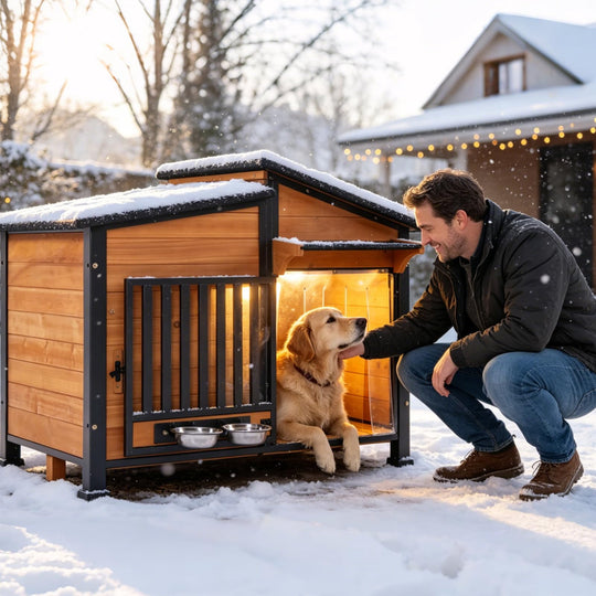 MEDEHOO Large Heated Dog House Outdoor Insulated Dog Kennel Weatherproof with Safe Heating Pad, Chew-Proof Metal Frame, Rotatable Spill-Proof Bowl for Large Dog Breeds, 39.7" L x 25.5" W x32.2 H