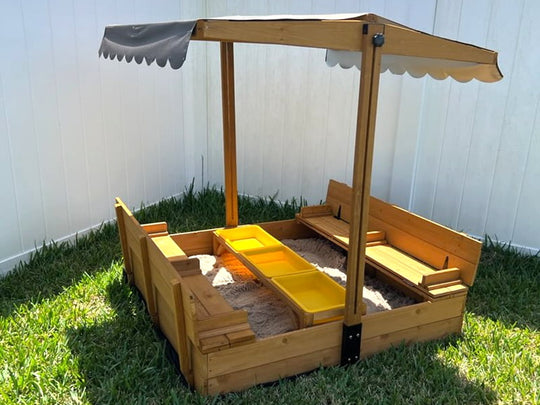 BUTINGLALE Wooden Sandbox Backyard Sand Box with Cover, Outdoor Sandbox for Kids with 3 Toy Bins GUT08