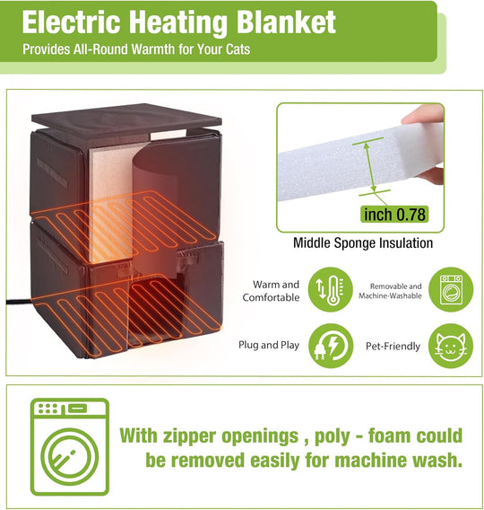 MEDEHOO Heated Cat House for Outside, 2-Story Outdoor Cat House Insulated with Electric Heating Blanket, Waterproof Wooden Cat Shelter with Bite-Resistant Wires AIR14-HP-AD-WM