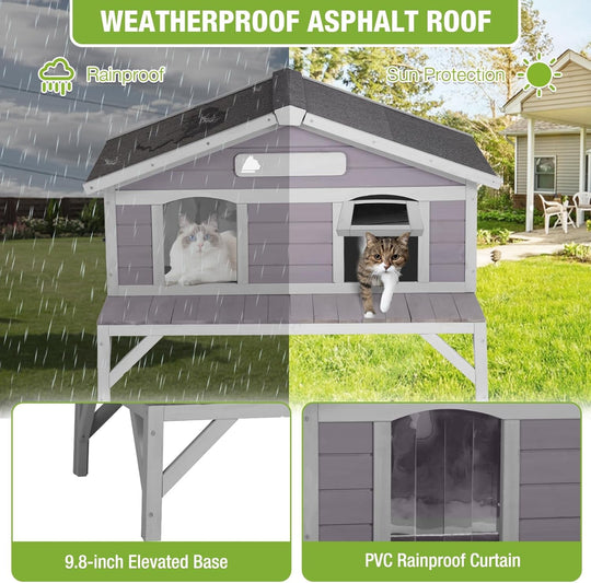 MEDEHOO Outdoor Cat House, Wooden Feral Cat Shelter with Large Balcony. Weatherproof Cat House for Stray Cats Outside with Escape Doors, Indoor Kitten Condo AIR92-ML-WM
