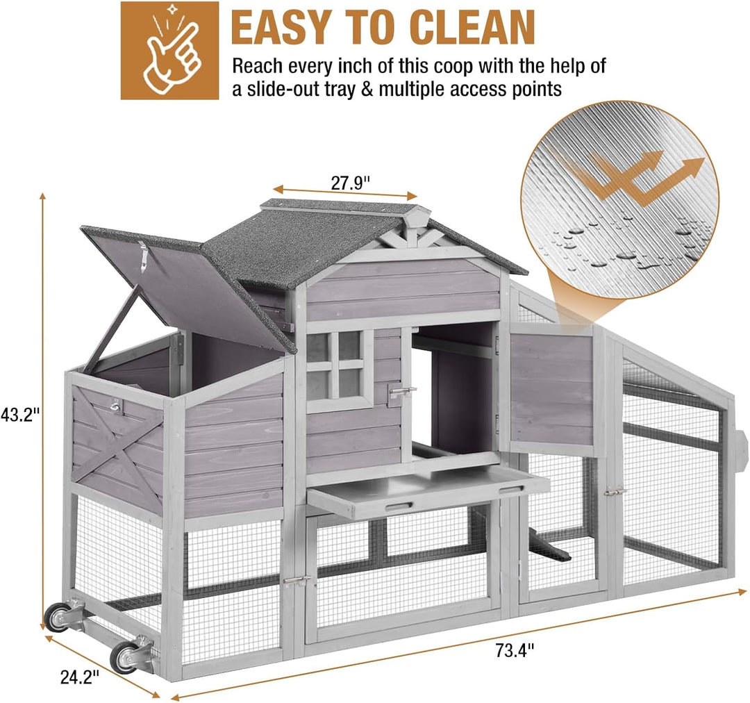 MEDEHOO 73.4" Large Chicken Coop with Wheels for Outdoor, Mobile Chicken House with Nest Box &amp; Removable Tray for 2-5 Chickens, Weatherproof Poultry Cage, Gray SKY32-D-WM